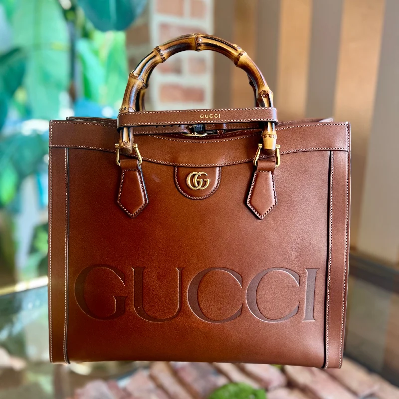 GUCCI luxury bags with smooth leather finishes -GUCCI Diana Medium Brown Leather Bamboo Top Handle Tote Bag