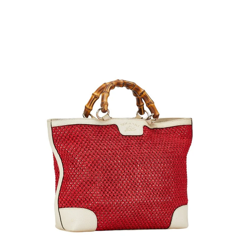 GUCCI designer bags with innovative designs -Gucci Mesh Bamboo Handbag Tote Bag 338965 Red Ivory Straw Leather  Gucci