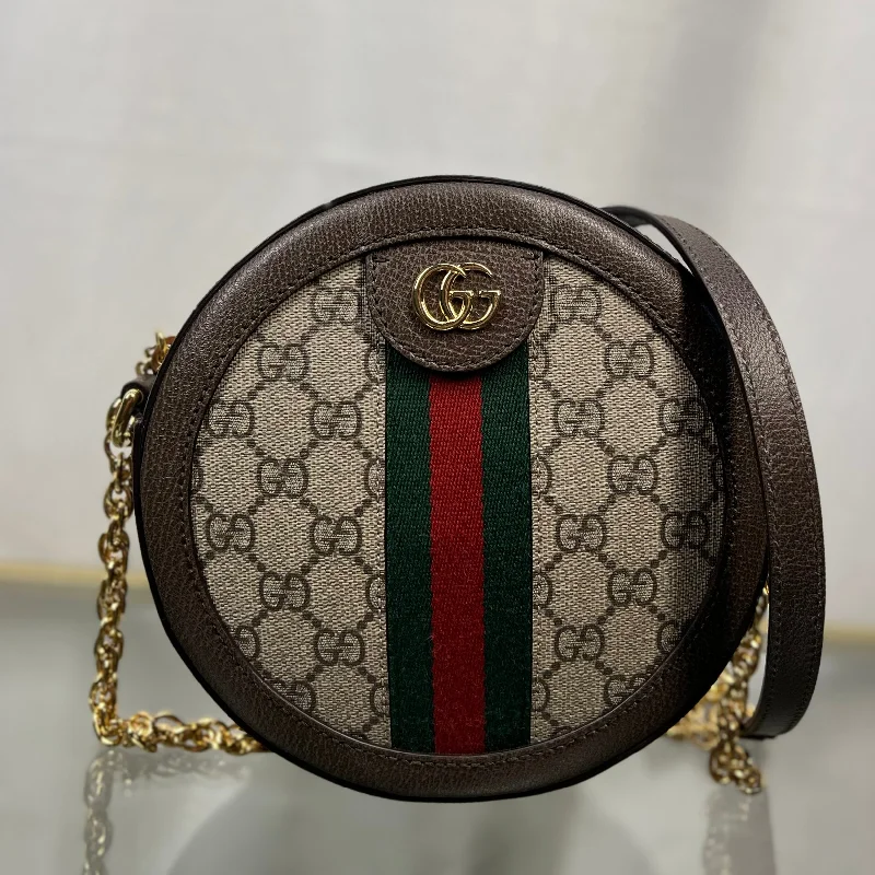 GUCCI bags for stylish women -GUCCI Ophidia Mini Round Beige Ebony GG Supreme Canvas Leather Shoulder Bag