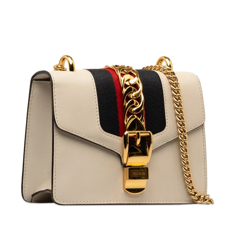 GUCCI iconic double-G handbags -Gucci Sy Line Silver Smol Pulled Chain Shoulder Bag 431666 White G Leather  Gucci