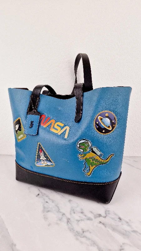 Coach handbags with artistic flair -RARE Coach 1941 Gotham Tote with Space Patches Nasa Bag With Space Rexy in Blue & Black Leather Colorblock - Coach 11487