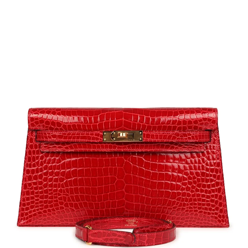 Hermes handbags with chic appeal -Hermes Kelly Elan Braise Shiny Porosus Crocodile Gold Hardware