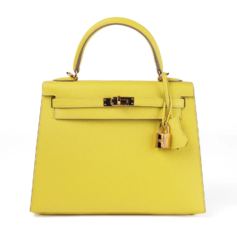 Hermes handbags with luxurious designs -Hermes 25cm Lime Yellow Epsom Sellier Kelly w/ Gold Hardware