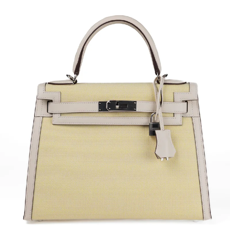 Hermes bags with vibrant color choices -Hermes 28cm Beton Swift & Vert Fizz Toile Sellier Kelly w/ Palladium Hardware