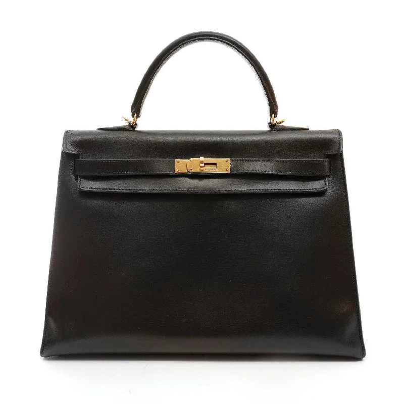 Hermes bags for iconic designer lovers -Hermes 35cm Vintage Black Box Calf Kelly w/ Gold Hardware