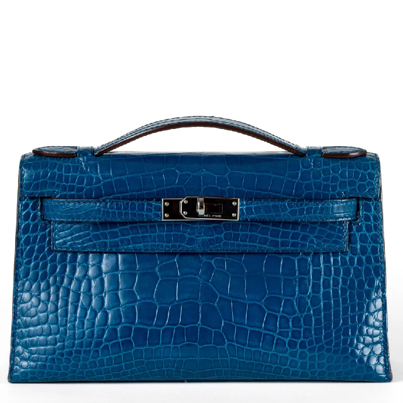 Hermes designer bags for the modern woman -Hermes Blue Izmir Porosus Croc Kelly Pochette w/ Palladium Hardware