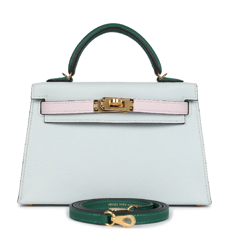 Hermes handbags with embossed logos -Hermes Kelly Sellier 20 Tri-color Gris Platine, Mauve Pale and Vert Moyen Epsom Gold Hardware