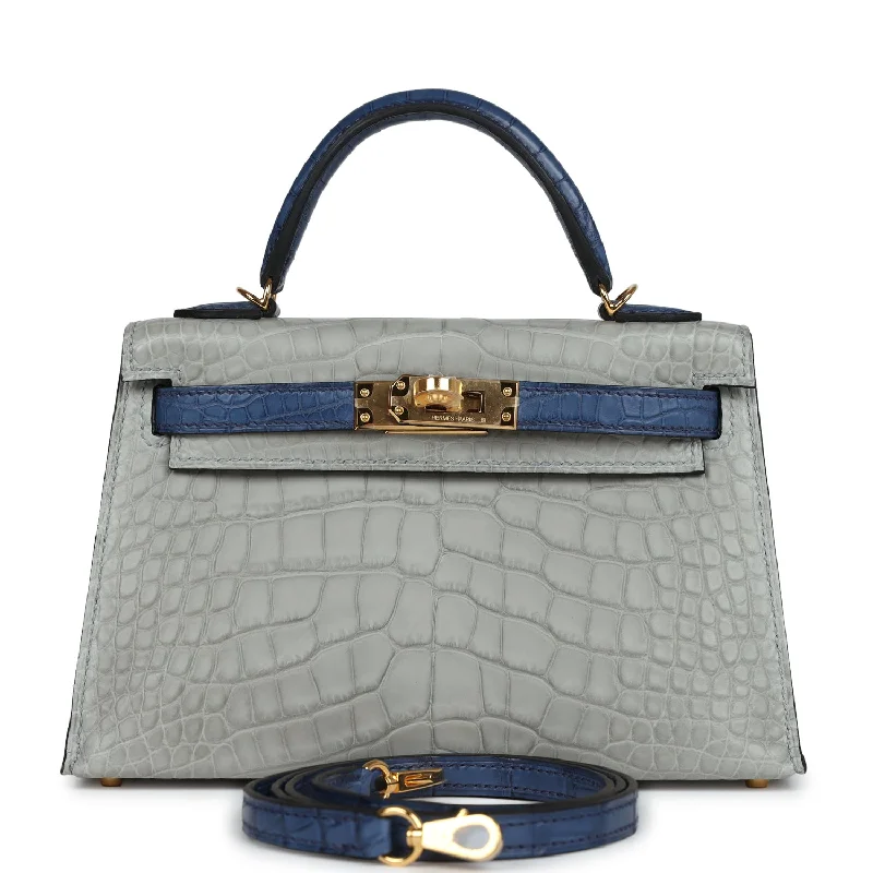 Hermes handbags with elegant finishes -Hermes Special Order (HSS) Kelly Sellier 20 Gris Perle and Bleu de Malte Matte Alligator Gold Hardware