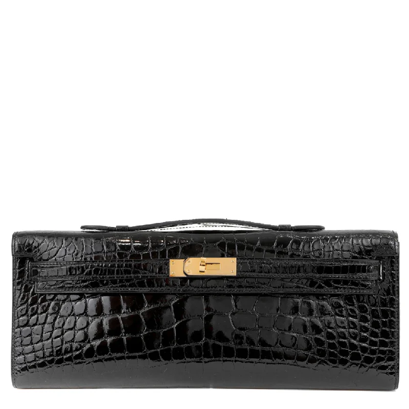 Hermes handbags with exclusive prints -Hermes Kelly 2022 Black Crocodile Cut Clutch w/ Gold Hardware