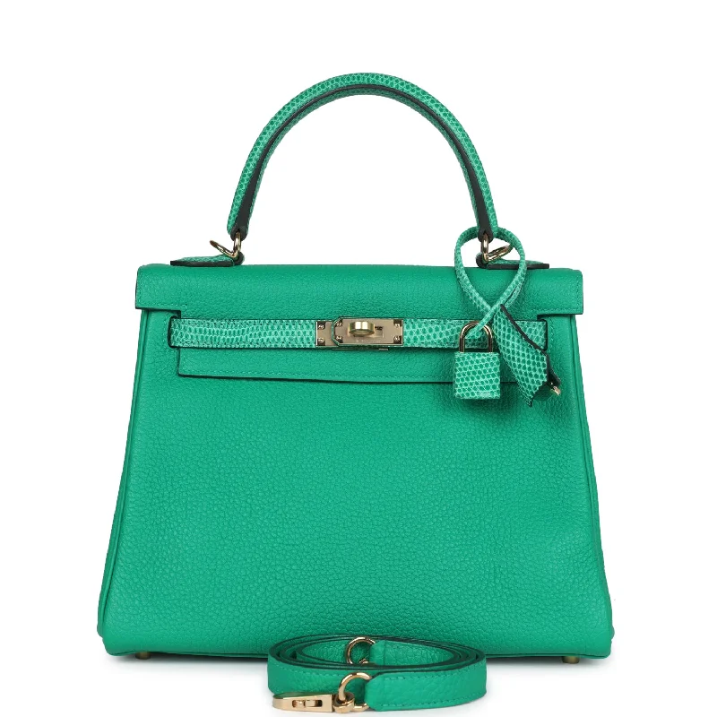 Hermes bags for the fashion elite -Hermes Kelly Retourne 25 Menthe Togo and Varanus Niloticus Lizard Touch Permabrass Hardware