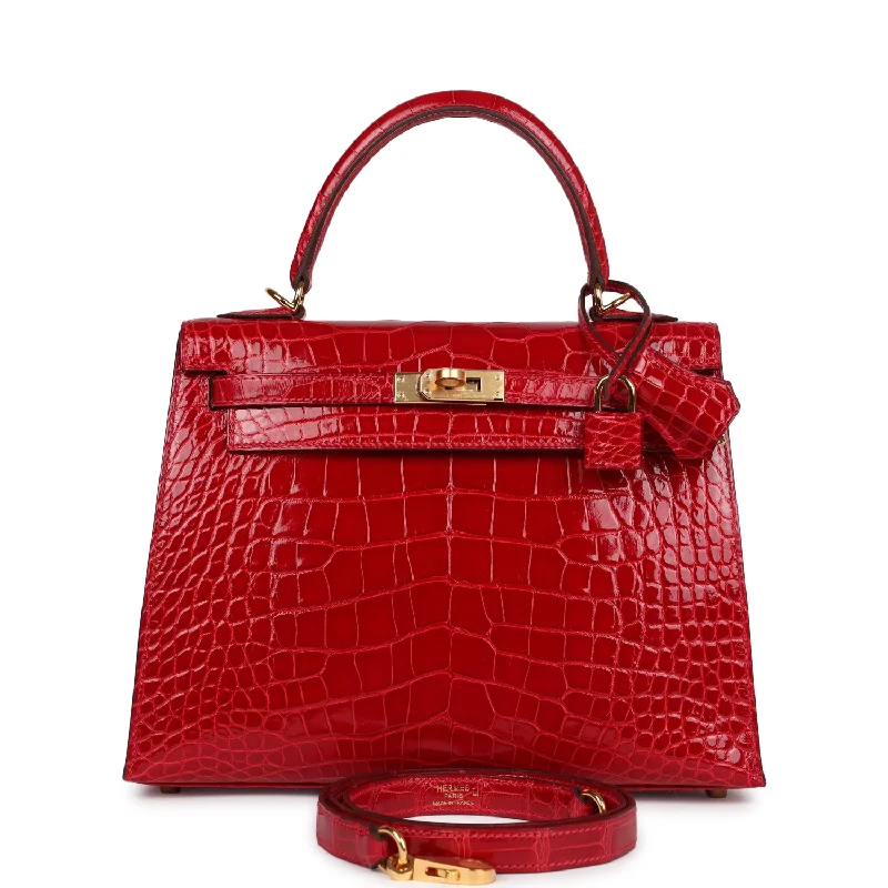 Hermes designer bags with sophisticated style -Hermes Kelly 25 Sellier Braise Shiny Alligator Mississippiensis Gold Hardware