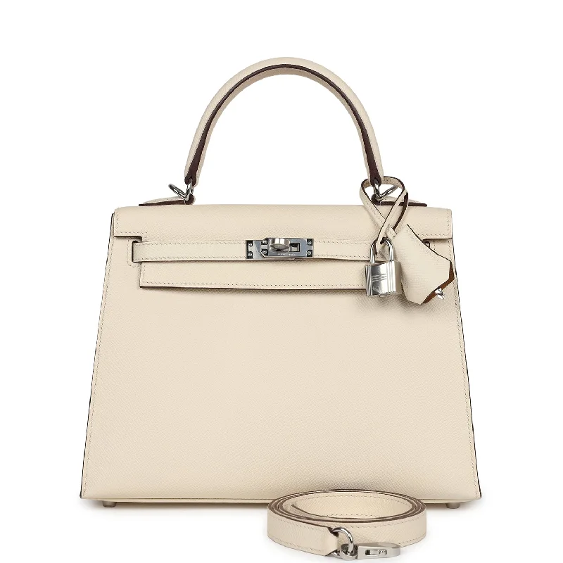 Hermes leather bags with clean lines -Hermes Kelly Sellier 25 Nata Verso Epsom Palladium Hardware