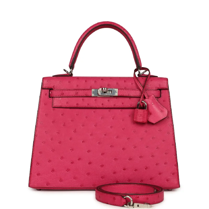 Hermes bags for chic and luxury styling -Pre-owned Hermes Kelly Sellier 25 Rose Tyrien Ostrich Palladium Hardware