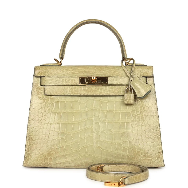 Hermes luxury bags for fashion elites -Vintage Hermes Kelly 28 Vert Celadon Natura Shiny Alligator Gold Hardware