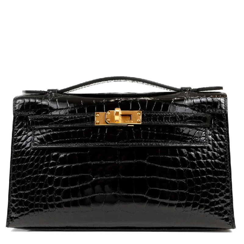 Hermes bags with timeless shapes -Hermes Kelly Black Pouchette Croc w/ Gold Hardware