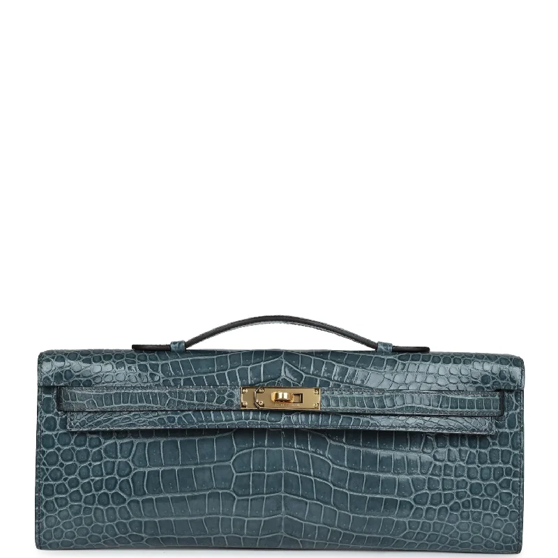 Hermes bags for the luxury lifestyle -Hermes Kelly Cut Bleu Jean Shiny Porosus Crocodile Gold Hardware