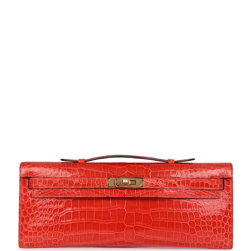 Hermes handbags for evening styling -Hermes Kelly Cut Orange Poppy Shiny Porosus Crocodile Gold Hardware