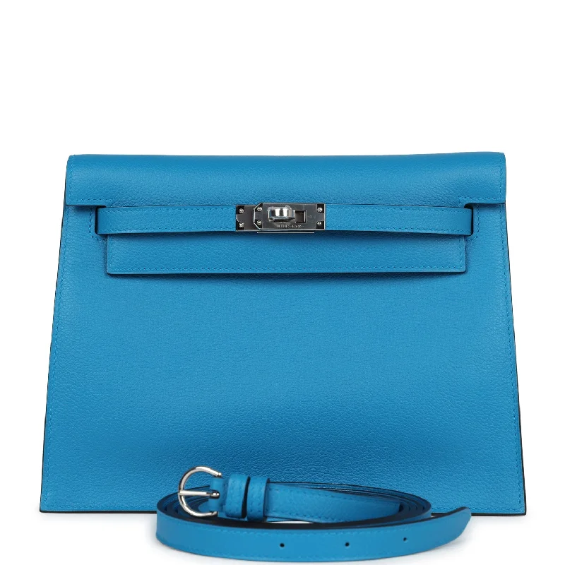 Hermes designer handbags with bold details -Hermes Kelly Danse Bleu Zanzibar Evercolor Palladium Hardware