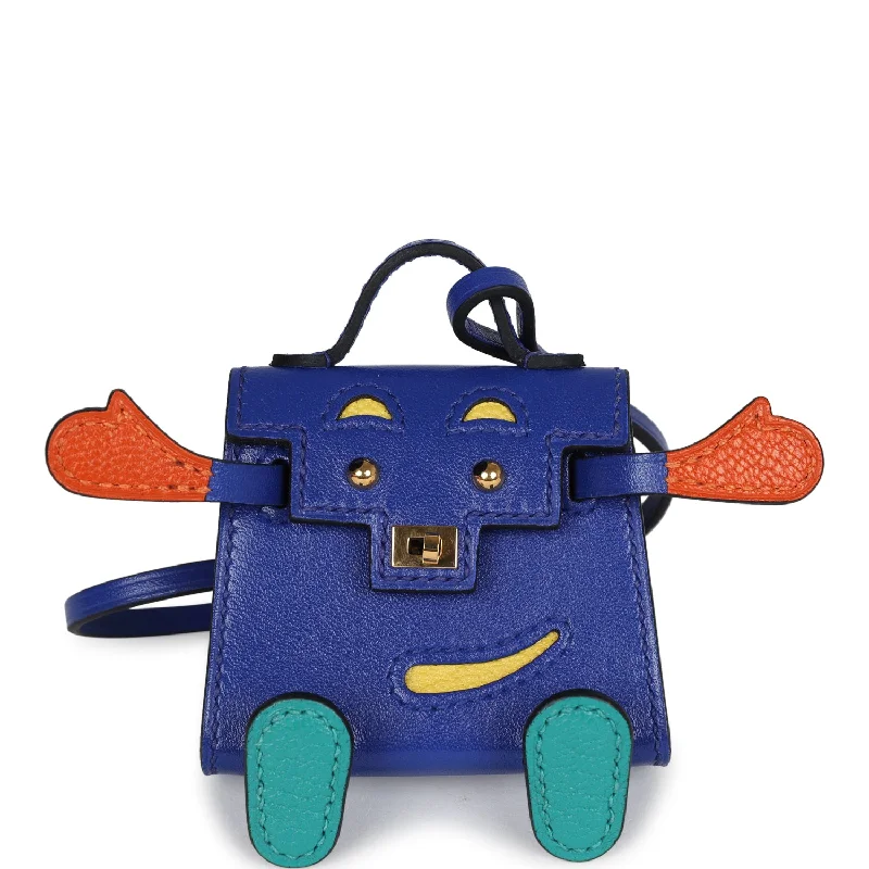 Hermes bags for luxury connoisseurs -Hermes Kelly Doll Idole Bag Charm Bleu Electric, Feu, Jaune de Naples and Vert Verone Tadelakt/Chevre Gold Hardware