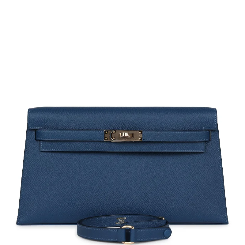 Hermes luxury handbags with polished leather -Hermes Kelly Elan Deep Bleu Epsom Permabrass Hardware