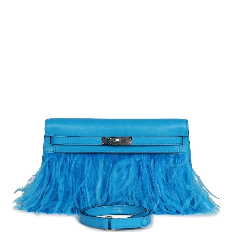 Hermes handbags with modern designs -Hermes Kelly Elan Foile Bleu Frida Chevre Chamkila and Ostrich Feathers Palladium Hardware