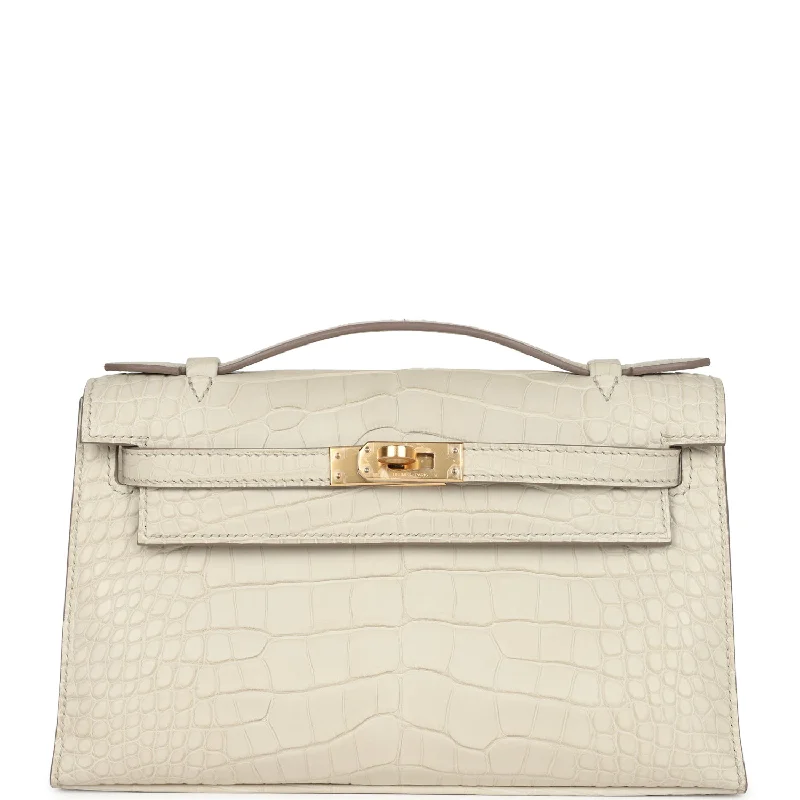 Hermes bags with sleek finishes -Hermes Kelly Pochette Beton Matte Alligator Gold Hardware