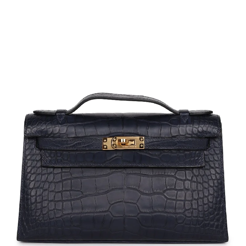 Hermes bags with vintage appeal -Hermes Kelly Pochette Bleu Indigo Matte Alligator Gold Hardware