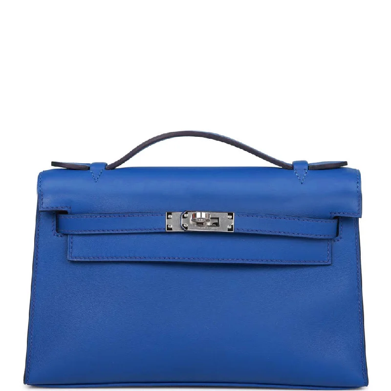 Hermes handbags for women with unique accents -Hermes Kelly Pochette Bleu Royal Swift Palladium Hardware