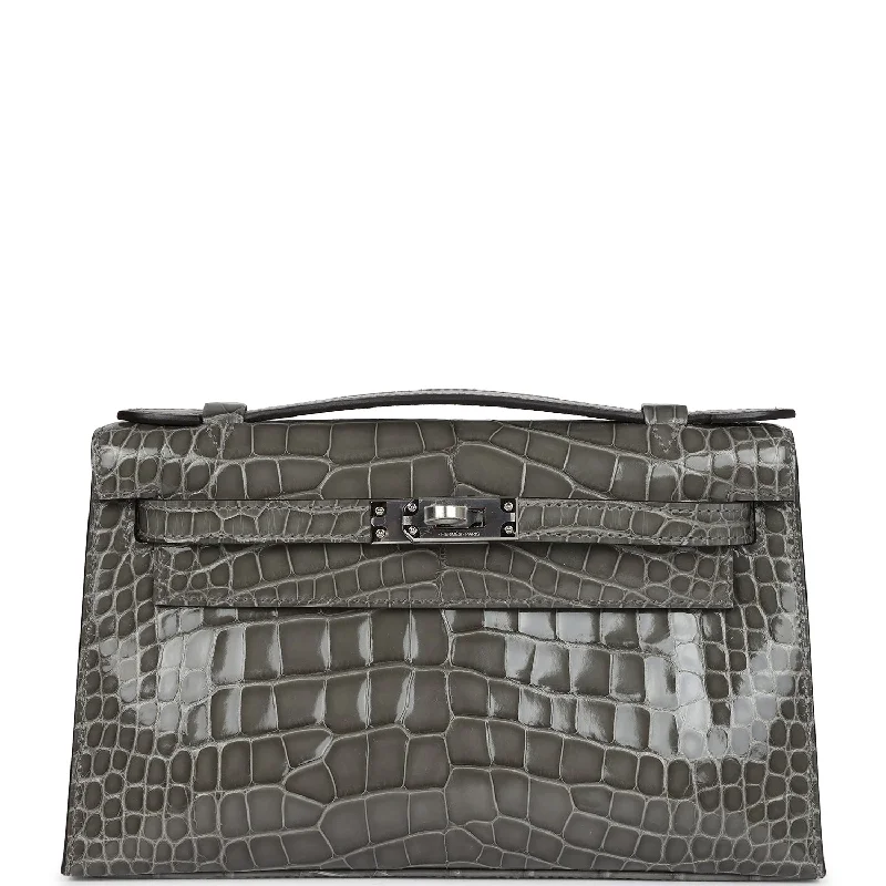 Hermes bags with sleek finishes -Hermes Kelly Pochette Gris Ciment Shiny Alligator Palladium Hardware