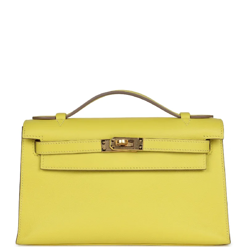 Hermes handbags for sophisticated styling -Hermes Kelly Pochette Lime Swift Gold Hardware