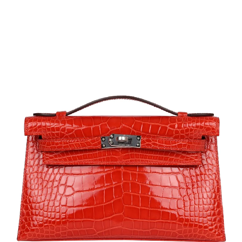 Hermes handbags with sleek and smooth leather -Hermes Kelly Pochette Orange Poppy Shiny Alligator Palladium Hardware