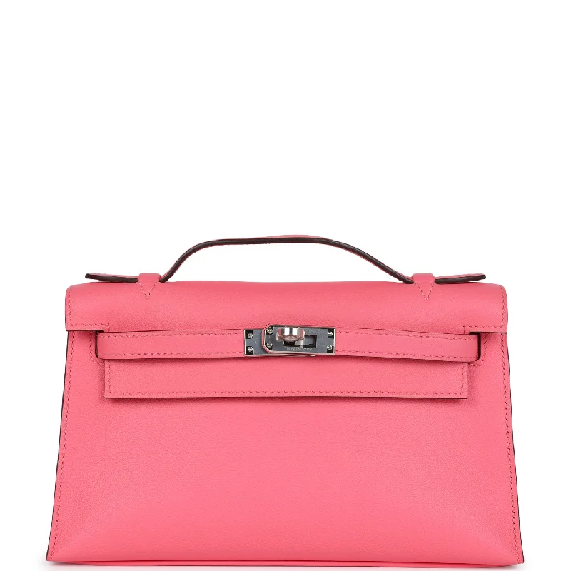 Hermes bags with vibrant color choices -Hermes Kelly Pochette Rose Azalee Swift Palladium Hardware