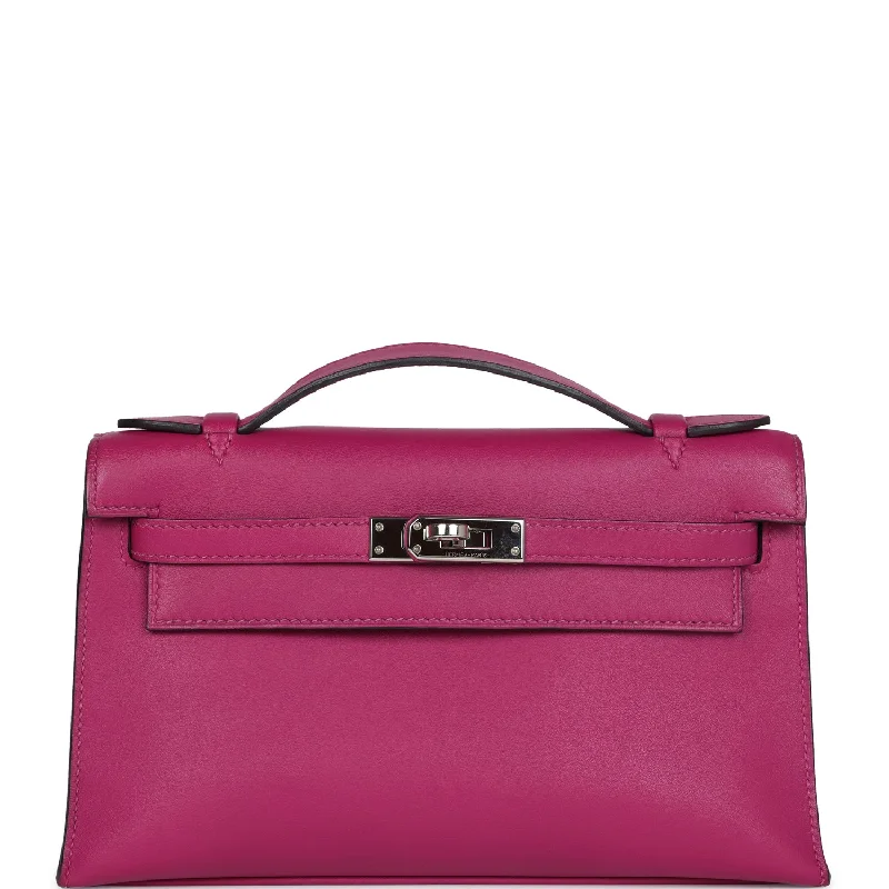 Hermes handbags for everyday elegance -Pre-owned Hermes Kelly Pochette Rose Pourpre Swift Palladium Hardware