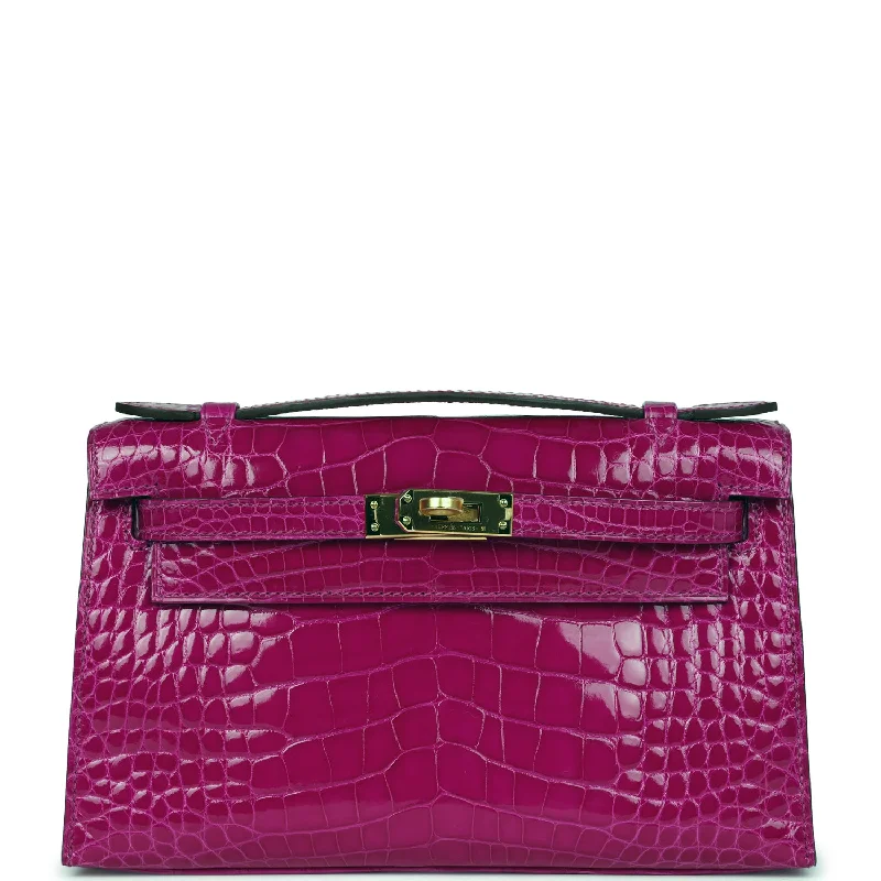 Hermes bags for timeless beauty -Hermes Kelly Pochette Rose Scheherazade Shiny Alligator Gold Hardware