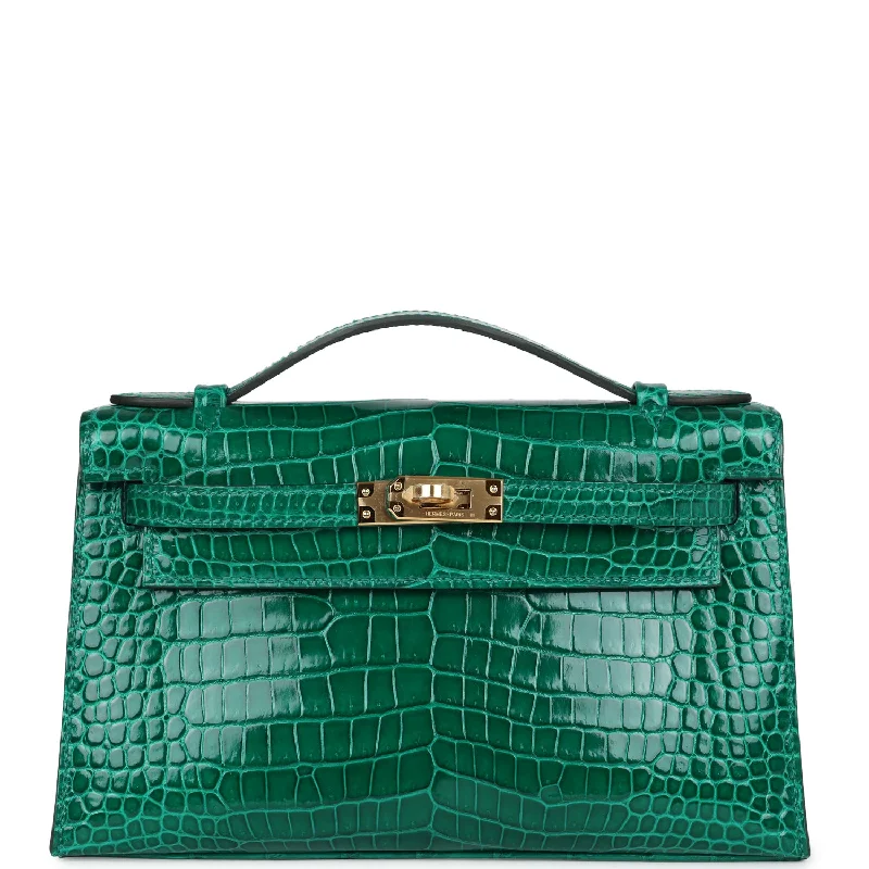 Hermes bags with timeless shapes -Hermes Kelly Pochette Emerald Shiny Porosus Crocodile Gold Hardware