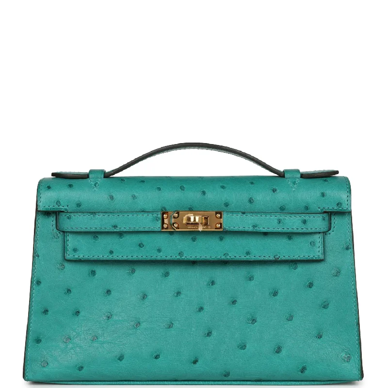 Hermes handbags for the fashion elite -Hermes Kelly Pochette Vert Verone Ostrich Gold Hardware