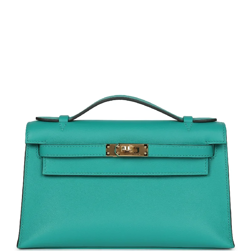 Hermes bags with custom accents -Hermes Kelly Pochette Vert Verone Swift Gold Hardware