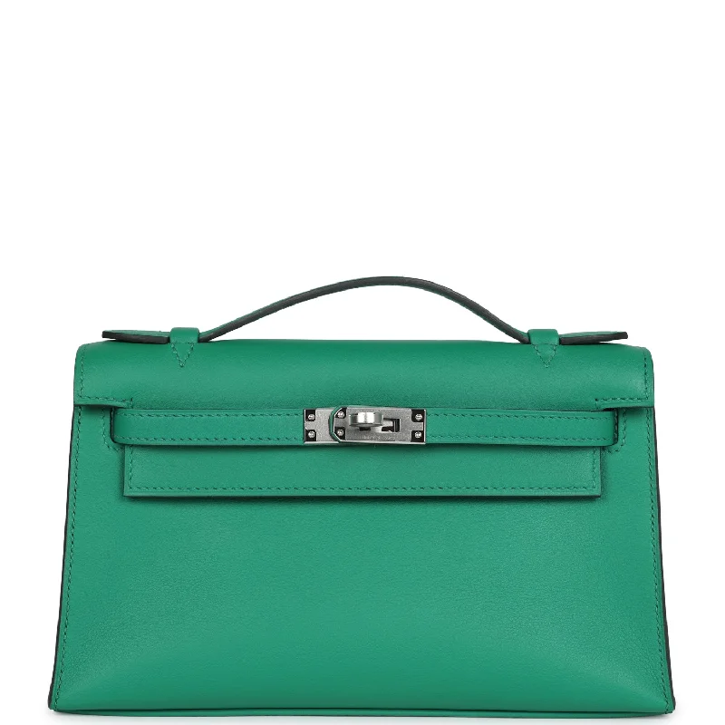 Hermes bags with vibrant color choices -Hermes Kelly Pochette Vert Vertigo Swift Palladium Hardware