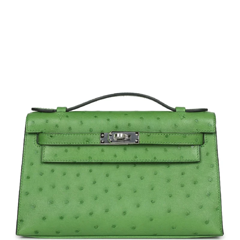 Hermes handbags for evening styling -Hermes Kelly Pochette Vert Yucca Ostrich Palladium Hardware