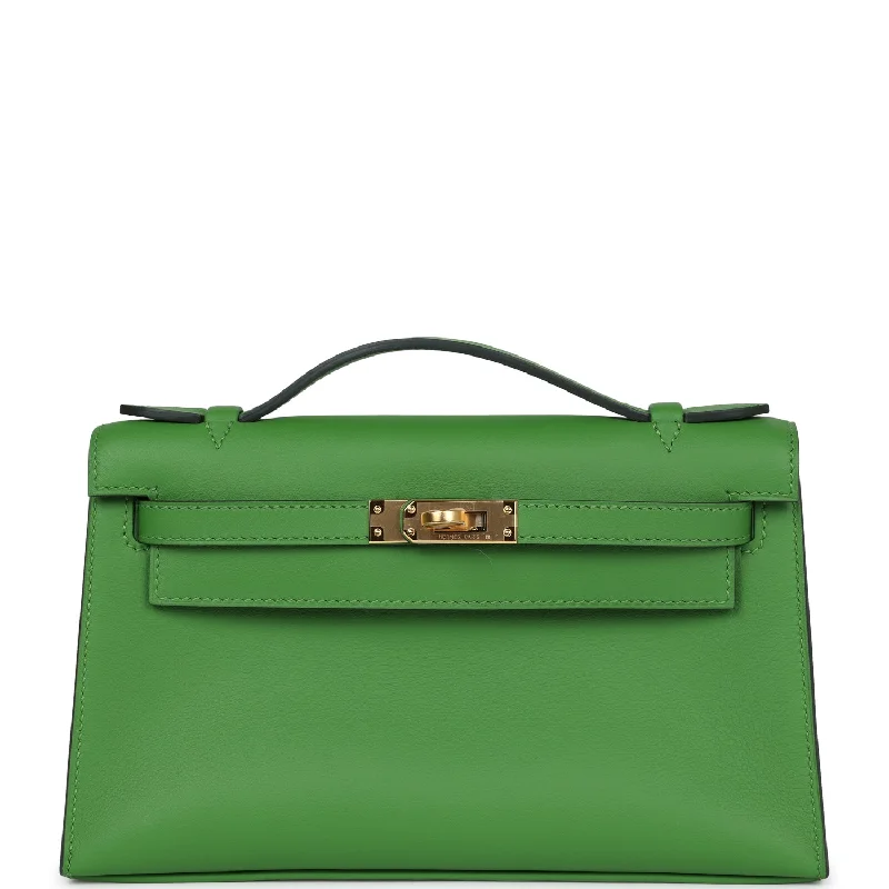 Hermes bags with luxe embellishments -Hermes Kelly Pochette Vert Yucca Swift Gold Hardware