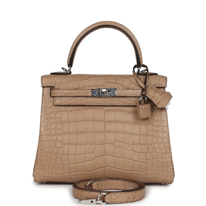 Hermes bags for chic and luxury styling -Hermes Kelly Retourne 25 Chai Matte Alligator Palladium Hardware