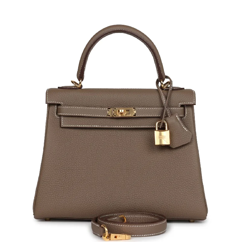 Hermes leather bags with clean lines -Hermes Kelly Retourne 25 Etoupe Togo Gold Hardware