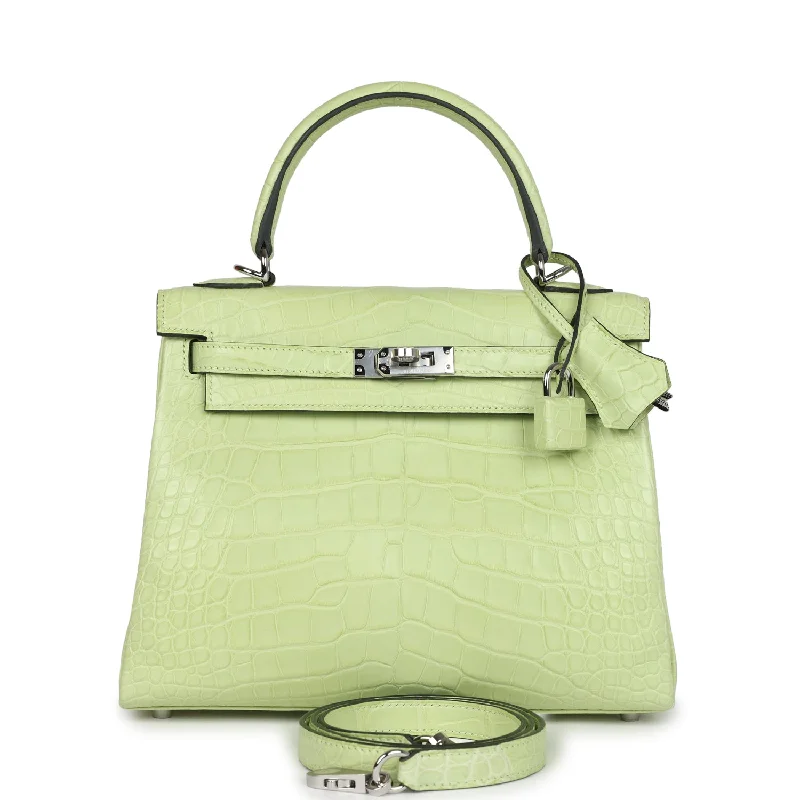 Hermes bags with exotic skin designs -Hermes Kelly Retourne 25 Jaune Bourgeon Matte Alligator Palladium Hardware