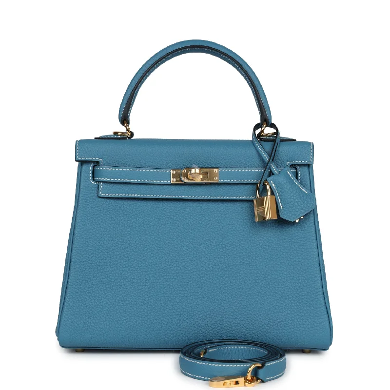 Hermes handbags with polished metal accents -Hermes Kelly Retourne 25 Blue Jean Togo Gold Hardware