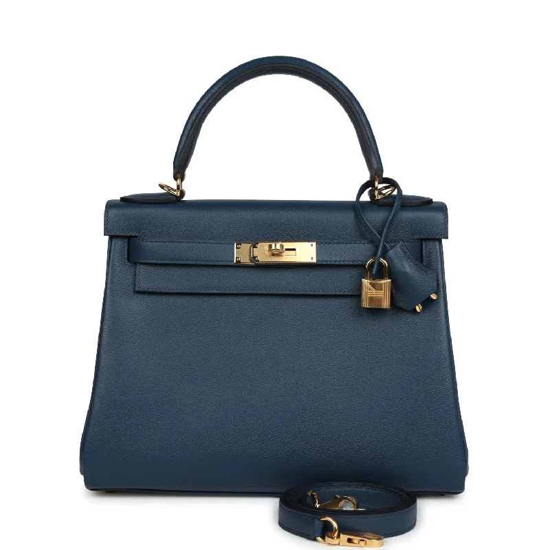 Hermes bags for glamorous occasions -Hermes Kelly Retourne 28 Deep Bleu Evercolor Gold Hardware