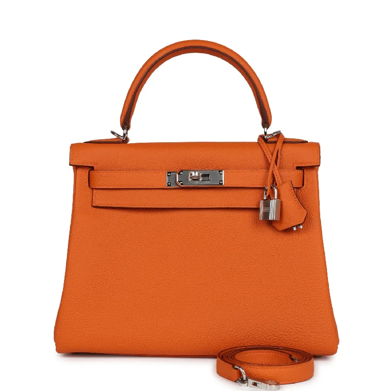 Hermes bags with luxurious hand-finishing -Hermes Kelly Retourne 28 Orange Togo Palladium Hardware