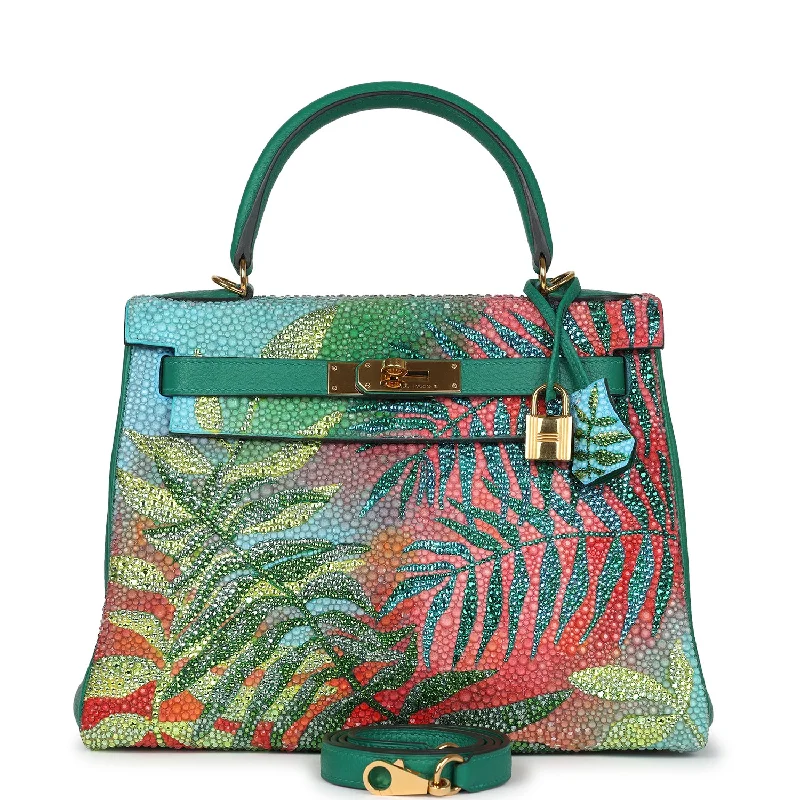 Hermes bags for stylish occasions -Custom Tropical Swarovski Crystal Hermes Kelly Retourne 28 Vert Vertigo Clemence Gold Hardware