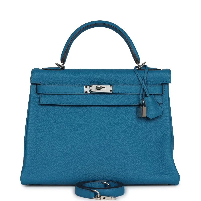 Hermes designer bags with premium finishes -Hermes Kelly Retourne 32 Cobalt Clemence Palladium Hardware