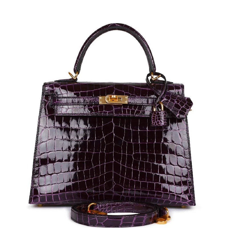 Hermes leather handbags with detailed stitching -Hermes Kelly Sellier 25 Aubergine Shiny Niloticus Crocodile Gold Hardware