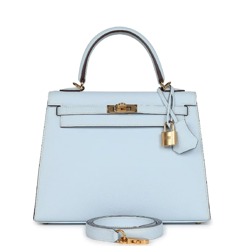 Hermes bags with sleek finishes -Hermes Kelly Sellier 25 Bleu Brume Epsom Gold Hardware